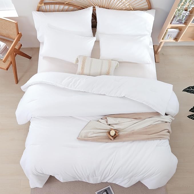 weigelia Queen Comforter Set White Comforter Boho Solid Color Bedding for All Season Soft Lightweight Microfiber 3PCS Reversible Comforter Set (1 Comforter, 2 Pillowcases)