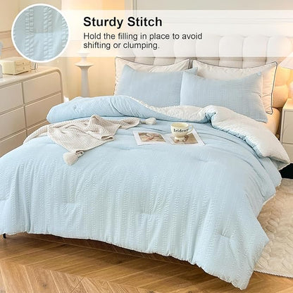 Boho Comforter Set Queen Size Striped Pleats Bohemian Seersucker Bedding Set All Season Soft Cozy 3 Pieces Quilt with 2 Pillowcases(90"X90" Light Blue)