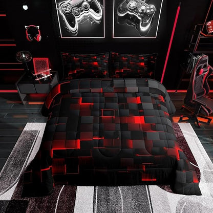 Erosebridal Black and Red Comforter Set Twin Neon Geometric Checkered Bedding Set Gamer Room Decor for Boys,Abstract Grids Quilt Comforter for Kids Teen Men Plaid Check Bed Set 2 Pcs