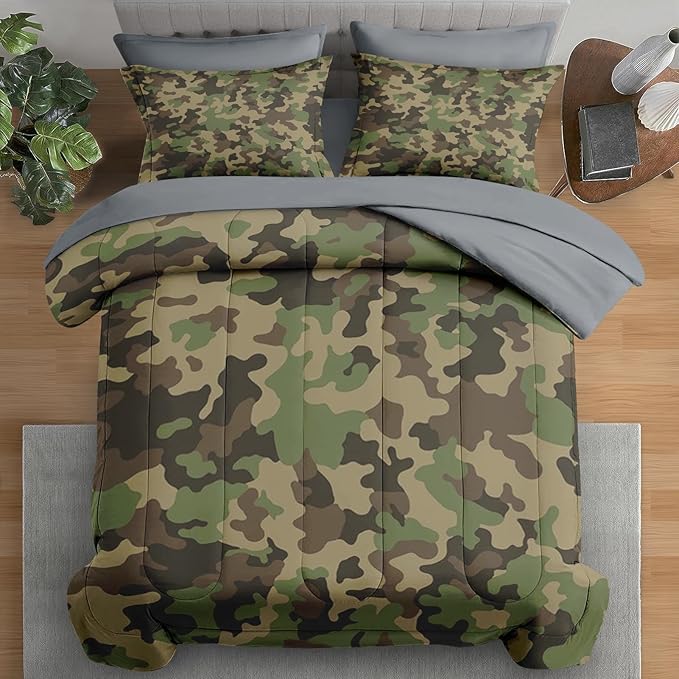 Comforter Set Full Size, Military Hunting Camouflage 7 Pcs Bedding for Kids and Adults, Brown Green Camo Bed Sheet Sets with Fitted Sheet 2 Pillowcases & 2 Shams
