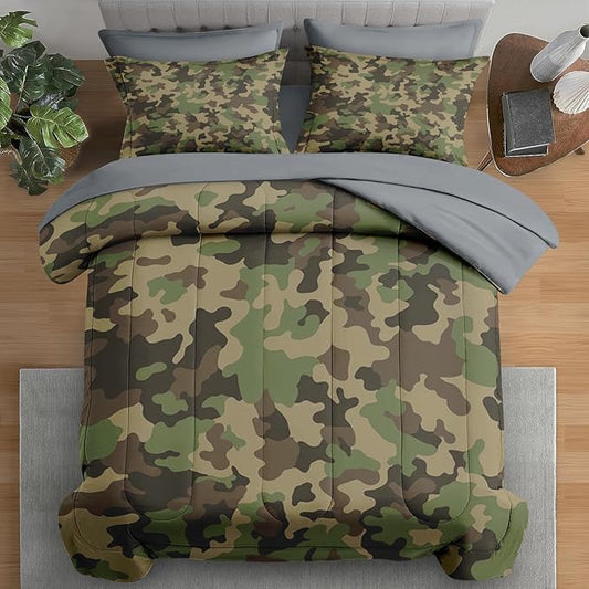 Comforter Set Full Size, Military Hunting Camouflage 7 Pcs Bedding for Kids and Adults, Brown Green Camo Bed Sheet Sets with Fitted Sheet 2 Pillowcases & 2 Shams