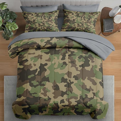 Comforter Set Twin Size, Military Hunting Camouflage 5 Pcs Bedding for Kids and Adults, Brown Green Camo Bed Sheet Sets with Fitted Sheet Pillowcase & Sham