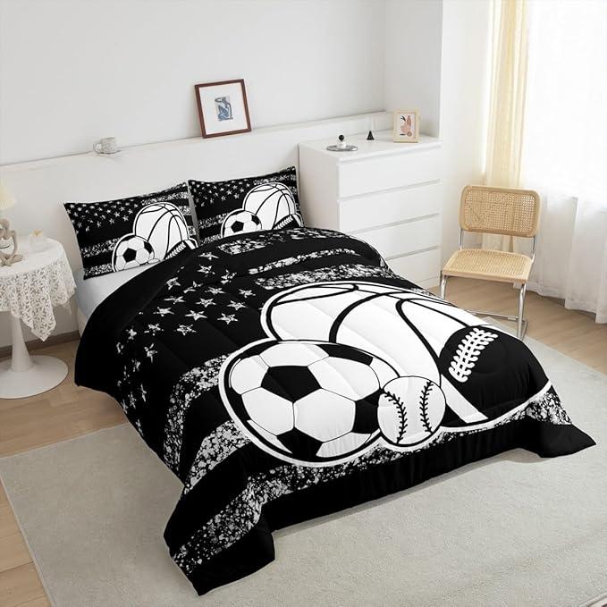 Feelyou Basketball Sports Comforter Set King Size Ball Game Comforter for Boys Girls Teens Football Bedding Set Baseball Duvet Set Room Decor Balck White Mixed Ball Quilt Set