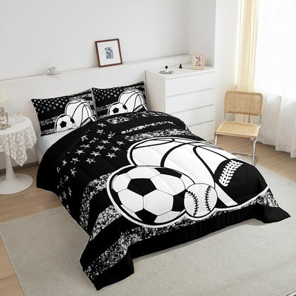 Feelyou Basketball Sports Comforter Set Toddler Size Ball Game Comforter for Boys Girls Teens Football Bedding Set Baseball Duvet Set Room Decor Balck White Mixed Ball Quilt Set