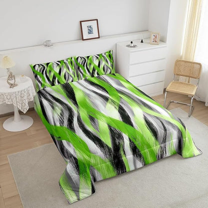 Erosebridal Geometric Stripes Comforter Queen Modern Abstract Comforter Set Grey Black Lime Green Bedding Set for Kids Boys Teen Men Swirl Lines Quilt Duvet Room Decor 3 Pcs