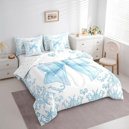 jejeloiu Girls Pretty Ribbon Blue Bow 7 Piece Bedding Set Twin Size Blue Damask Comforter Set with Sheets for Kids Women Cute Bow Bed in a Bag Princess Bed Set