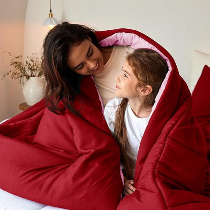 Exclusivo Mezcla Lightweight Reversible Twin Size Comforter Set, Down Alternative Comforter with 1 Pillow Sham, Twin Size Bedding Set for All Seasons, Red/Pink