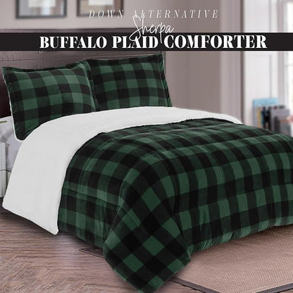 Elegant Comfort 3-Piece Buffalo Lodge-Plaid Comforter Set, Luxurious, Heavyweight, All Season, Down Alternative-Micromink Sherpa-Backing Reversible Micro-Suede, Soft and Plush, Full, Green
