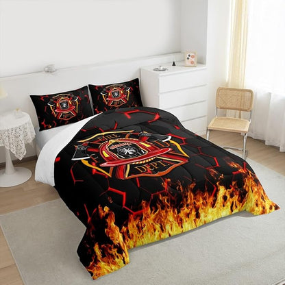 Fire Fighting Kids Comforter Set Full Size,Fire Fighting Truck Tool Flame Bedding Set,Boys Girls Adults Room Decor,Geometric Honeycomb Hexagon Down Comforter,Red Black Duvet Insert,2 Pillowcases