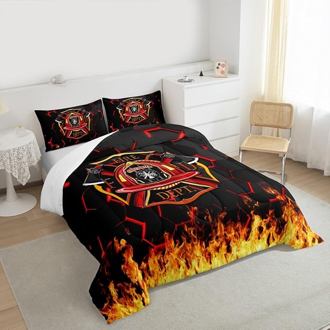 Fire Fighting Kids Comforter Set Twin Size,Fire Fighting Truck Tool Flame Bedding Set,Boys Girls Adults Room Decor,Geometric Honeycomb Hexagon Down Comforter,Red Black Duvet Insert,1 Pillowcase