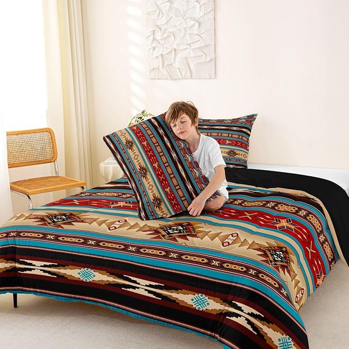 Aztec Bedding Set Ethnic Tribal Arrow Queen Comforter Set,Vintage Southwestern Native Bohemian Quilt,Western Star Duvet Insert Exotic Geometric Diamond Stripes Room Decor,Red Blue Dark Brown