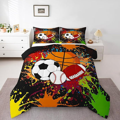 Feelyou Rugby Sports Comforter Set Queen Size Baseball Comforter for Boys Girls Teens Basketball Bedding Set Football Duvet Set Room Decor Multiful Mixed Ball Quilt Set