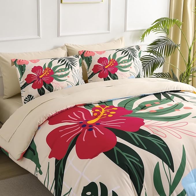 Yogeneg 7 Piece Bed in a Bag King Size Comforter Set Beige Bedding Set,Pink Floral Green Leaves Pattern Reversible Design,Soft Microfiber Comforter with Sheet Set,All Season(Beige,King)