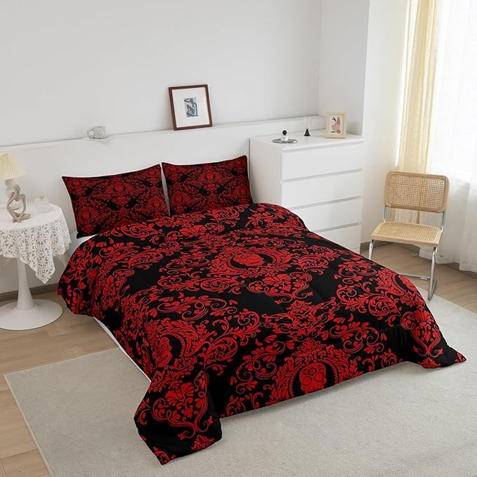 Feelyou Adults Red Vintage Damask Floral Comforter Set Oriental Antique Comforter Full Size Gothic Bohemia Boho Bedding Set Exotic Sugar Skull Duvet Set Quilt Set 3Pcs