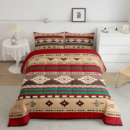 Erosebridal Western Quilt Vintage Geometric Bedding Set,Boho Western Comforter Set Full Duvet Insert,Rustic Home Decor Rustic Farmhouse Bedroom,Aztec Bedding Full Native American Decor Red Brown