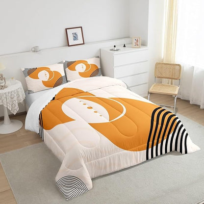 Orange Minimalist Bedding Set Twin Mid Century Comforter Set, Geometric Circle Duvet Insert Black Creamy White Aesthetic Quilt Comforter, Modern Bedding Comforters & Sets Microfiber 2 Pieces