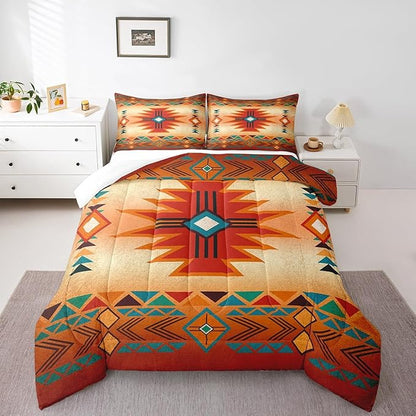 Western Bedding Set King Size,Southwest Comforter Set for Kids Teens Women Men,Aztec Tribal Bohemian Quilt Set 3Pcs Vintage Geometric Striped Orange Red Rustic Duvet Insert Bedroom Decor