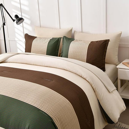 Anibedding Striped Comforter Set Queen Size, Boho Brown Green Striped Bedding Comforter Set 7 Piece Bed in a Bag, Soft Microfiber Down Alternative Farmhouse Bedding Set for All Season(90"x90")