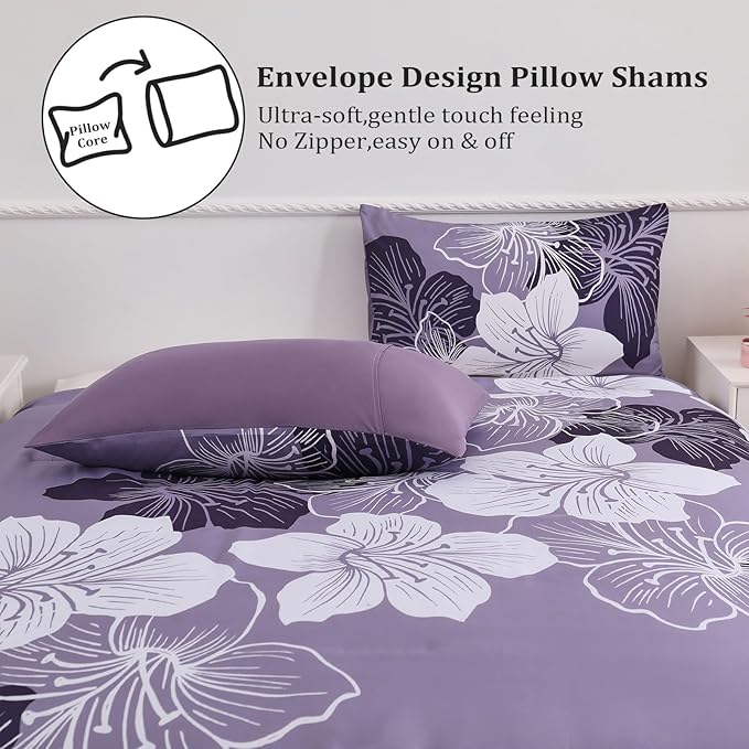 Menghomeus California King Comforter Set Dark Purple Floral Bedding Comforter Sets - Soft Microfiber Bed Set for All Season 3 Piece Botanical Flowers Comforter, Pillowcases