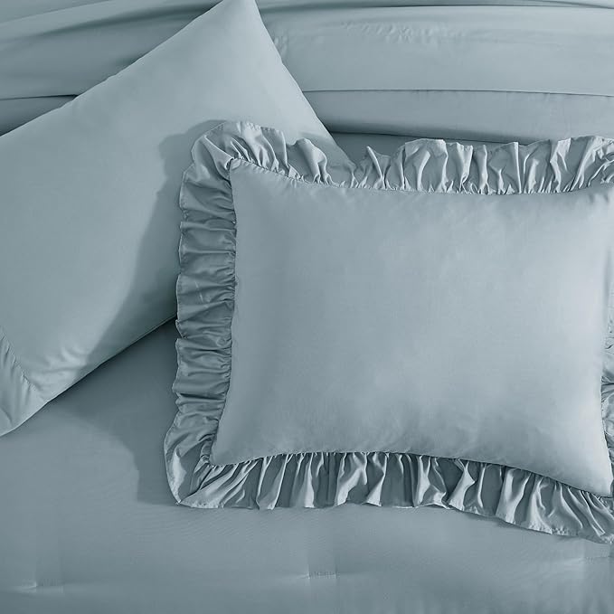 Queen Comforter Set Dusty Blue, Ruffle Shabby Chic Bedding Set Farmhouse 7 Pieces, All Season Fluffy Bed in a Bag with Sheets, Pillowcases & Shams