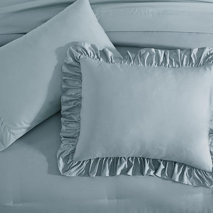 Queen Comforter Set Dusty Blue, Ruffle Shabby Chic Bedding Set Farmhouse 7 Pieces, All Season Fluffy Bed in a Bag with Sheets, Pillowcases & Shams