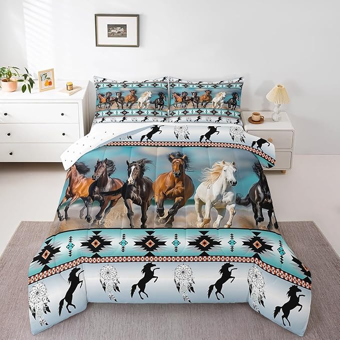 Aztec Comforter Set African Tribal Horse Printed Bedding Set,Farm Animals Duvet Insert Ethnic Tribe Arrow Dream Catcher Quilt Queen,Southwest Native Exotic Nordic Style Room Decor