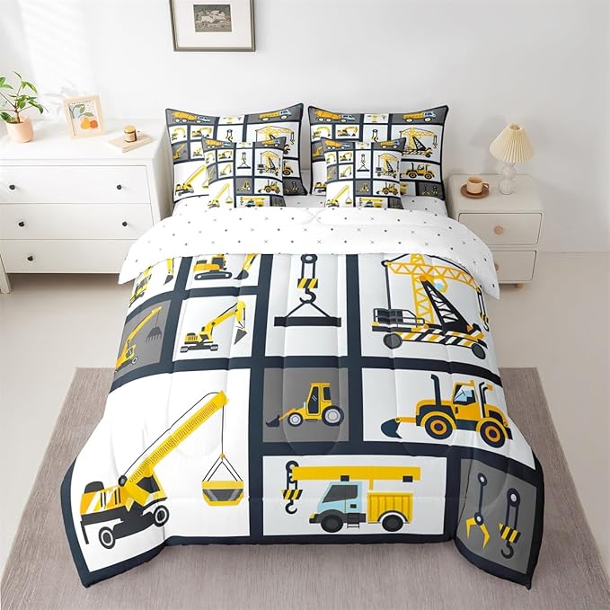 Feelyou Kids Construction Comforter Set King Size 7 Pcs Boys Construction Site Cars Comforter Bed in a Bag Trucks Excavators Bedding Set Child Tractors Bed Set with Sheets, Pillowcases, Pillow Covers