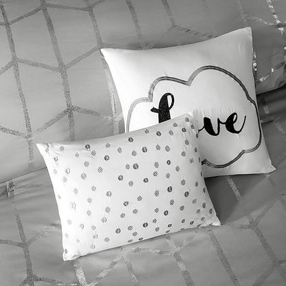 Intelligent Design - ID10-1245 Raina Comforter Set Metallic Print Geometric Design, Modern Trendy All Season Bedding Set, Matching Sham, Decorative Pillow, Grey/Silver, King/Cal King, 5 Piece