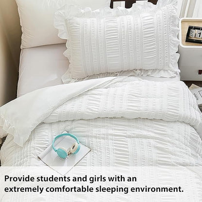 WONGS BEDDING Comforter Full Size, White Ruffle Comforter for Dorm Room Essentials for Full Bed, Soft Seersucker Textured Bedding Set Full Size Comforter Sets for Girls 90"×78"