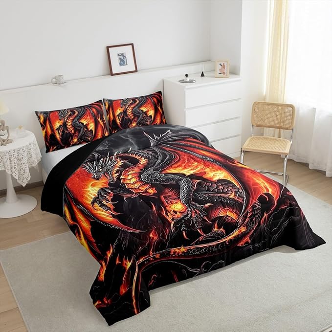Erosebridal Dragon Queen Size Bedding Set, Ancient Animal Comforter Set for Adult Men Room, Black Gold Wildlife Down Comforter, Lightweight Quilt, Breathable Room Decor