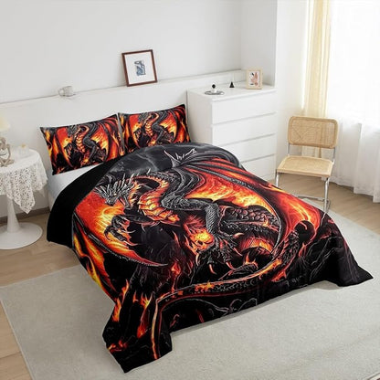 Erosebridal Dragon King Size Bedding Set, Ancient Animal Comforter Set for Adult Men Room, Black Gold Wildlife Down Comforter, Lightweight Quilt, Breathable Room Decor