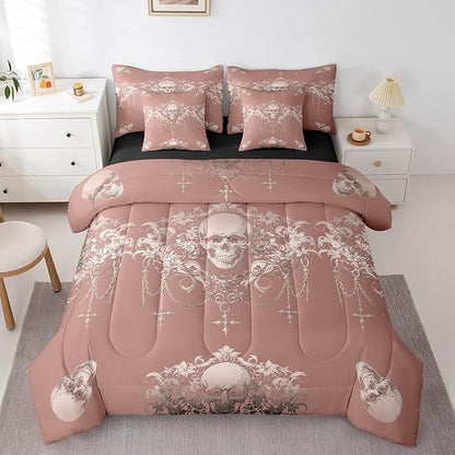 Erosebridal Gothic Comforter Set 7 Piece Bed in a Bag Twin,Goth Sugar Skull Bedding Set,Beige Red Damask Bohemian Vintage Floral Comforter and Sheet Set,Exotic Antique Victorian Baroque Decor