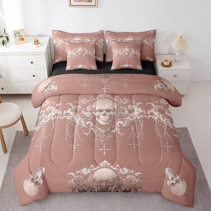 Erosebridal Gothic 7 Piece Comforter Set Full Bed in a Bag,Goth Sugar Skull Bedding Set,Beige Red Damask Bohemian Vintage Floral Comforter and Sheet Set,Exotic Antique Victorian Baroque Decor