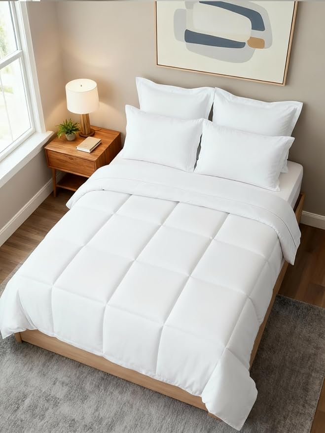 Full Comforter Set - 7 Piece Bed in a Bag Full Size Bed Set - Down Alternative Comforter, Flat Sheet, Fitted Sheet, Pillowcase & Shams for All Seasons - Ultra Soft, Cozy, Comfy and Breathable - White
