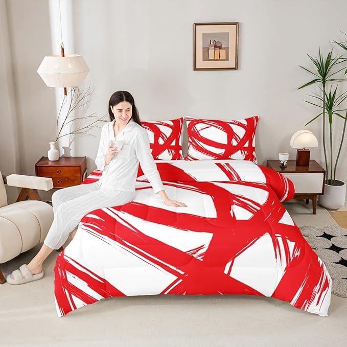 Erosebridal Red and White Striped King Bedding Set for Kids Teens Adults, Geometric Striped Comforter Set for Minimalists,Graffiti Aesthetic Lines Duvet Insert,Contemporary Boho Modern Art Quilt