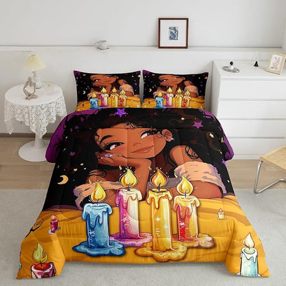 Afro Girls Bedding Comforter Sets American African Princess Magical Comforter Set Black Hair Girl Quilt Full,Kawaii Room Decor for Kids Teens Toddler Girls,Happy Birthday Decorations