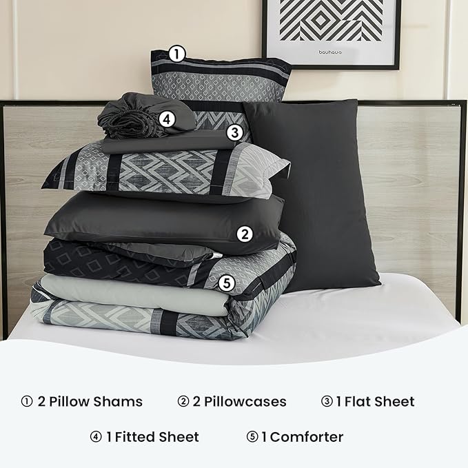 Cottolester Boho Comforter Set King Size,Black Gray Striped Bed in a Bag,Fall Plaid Comforter and Sheet Set,Soft Microfiber Complete Bedding Sets