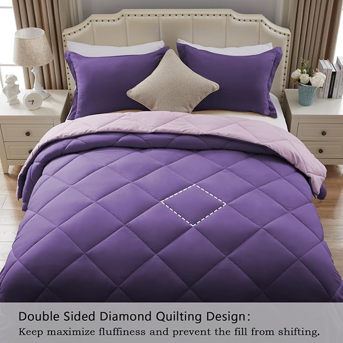 NexHome Queen Comforter Set Purple&Light Purple,3 Pieces Lightweight Comforters Queen Size Reversible Bedding Comforters Sets,Down Alternative Comforter Bed Set Quilt Blanket