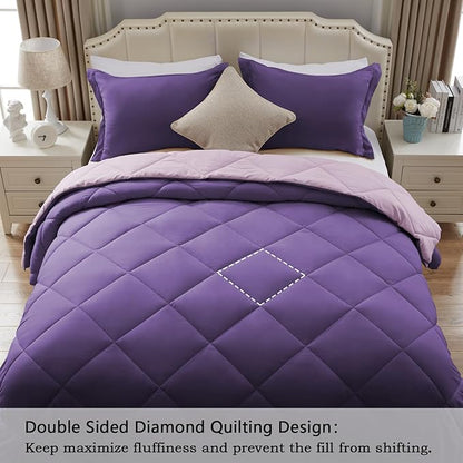 NexHome Queen Comforter Set Purple&Light Purple,3 Pieces Lightweight Comforters Queen Size Reversible Bedding Comforters Sets,Down Alternative Comforter Bed Set Quilt Blanket