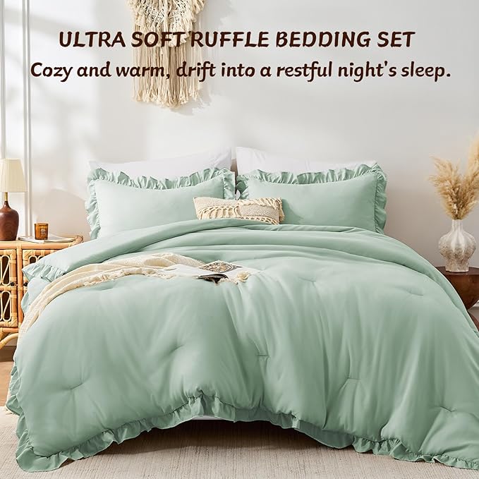 FUANNA Queen Comforter Set Sage Green, 3 Pieces Ruffle Queen Bed Set, Fluffy Bed in a Bag Queen for All Seasons, Shabby Chic Bedding Comforter Sets with 1 Lightweight Comforter & 2 Pillowshams