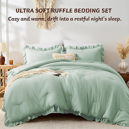 FUANNA Queen Comforter Set Sage Green, 3 Pieces Ruffle Queen Bed Set, Fluffy Bed in a Bag Queen for All Seasons, Shabby Chic Bedding Comforter Sets with 1 Lightweight Comforter & 2 Pillowshams