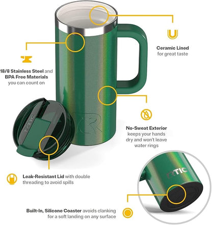 RTIC 16oz Road Trip Travel Mug with Lid and Handle, Ceramic Lined, Insulated, Stainless Steel, Metal, Double Wall Vacuum-Insulation, Portable Coffee, Tea Cup for Hot and Cold Drink, Pine Tree Glitter