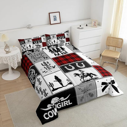 Western Cowgirl Kid Comforter Set Full Size,Cactus Horseshoe Cow Skull Geometric Patchwork Bedding Set,Girls Women Room Decor,Bowknot Arrow Boho Down Comforter,Red Xmas Duvet Insert,2 Pillowcases