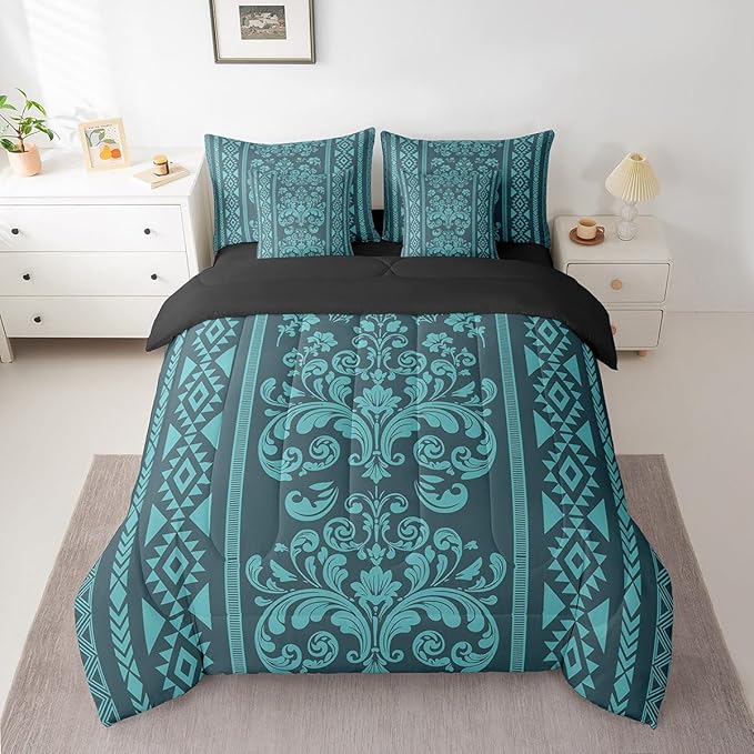 Comforter Set Full Size, Turquoise Aztec Damask 7 Pcs Bedding for Kids and Adults, Victorian Decor Western Baroque Goth Bed Sheet Sets with Fitted Sheet 2 Pillowcases & 2 Shams for Bedroom Bed Decor