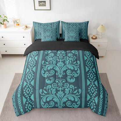 Comforter Set Full Size, Turquoise Aztec Damask 7 Pcs Bedding for Kids and Adults, Victorian Decor Western Baroque Goth Bed Sheet Sets with Fitted Sheet 2 Pillowcases & 2 Shams for Bedroom Bed Decor