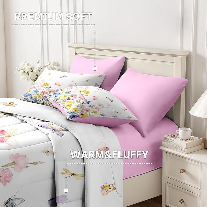 Nesker 5 Pcs Spring Comforter Set Twin Size, Pink Yellow Floral Bedding Set for Kids and Adults, Colorful Butterfly Bed Sheet Sets with Fitted Sheet Pillowcase & Sham