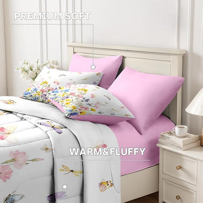 Nesker 7 Pcs Spring Comforter Set Full Size, Pink Yellow Floral Bedding Set for Kids and Adults, Colorful Butterfly Bed Sheet Sets with Fitted Sheet 2 Pillowcases & 2 Shams