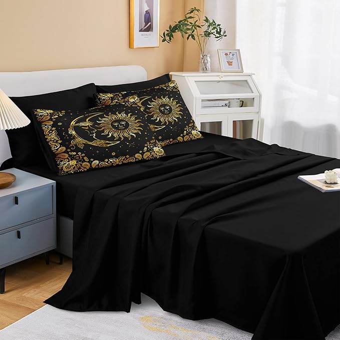 Black Gold Comforter Sets Sun and Moon Bedding Gold Stars Starry Sky Galaxy Theme Boho Chic Bedding Comforter Paisley Floral Botanical Exotic Comforter King Bed in A Bag