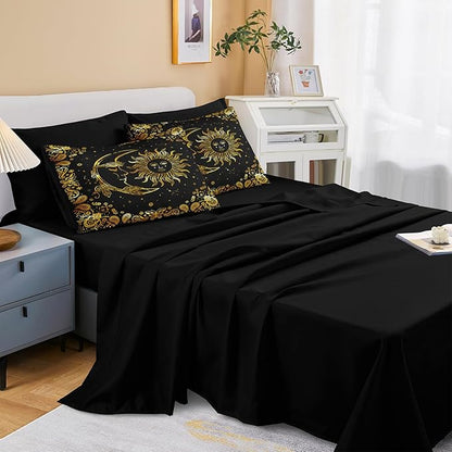 Black Gold Comforter Sets Sun and Moon Bedding Gold Stars Starry Sky Galaxy Theme Boho Chic Bedding Comforter Paisley Floral Botanical Exotic Comforter King Bed in A Bag