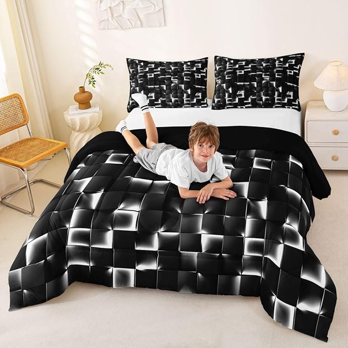 Erosebridal Geometric Checkered Comforter Queen Size Neon Black White Comforter Set for Kids Teen Men Gamer Room Decor,Abstract Ombre Plaid Bedding Set Grids Quilt Duvet